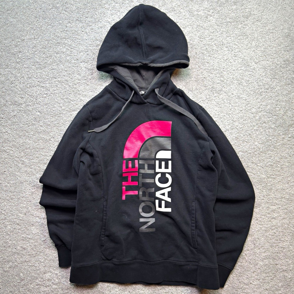 The North Face Hoodie Womens Medium Black Pink Logo Graphic Pullover Sweatshirt